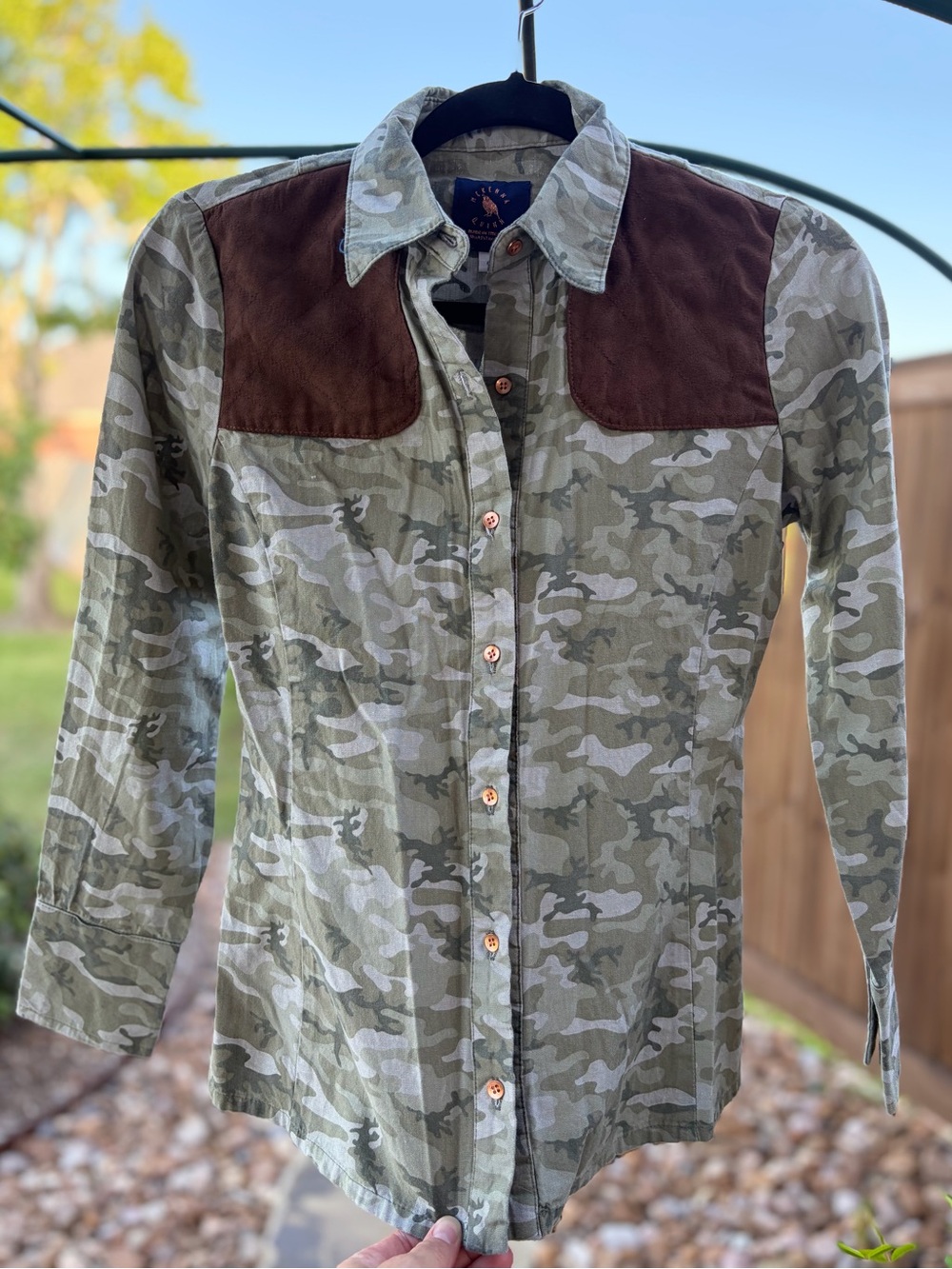 Women’s Camo Button-Up Shirt with Brown Shoulder Panels